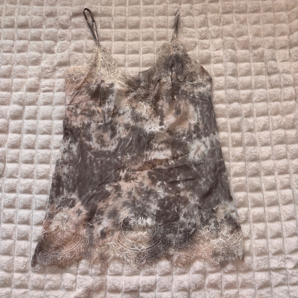 Gold Hawk XS 100% Silk Tie Dye Lace Trim Cami Tank Top Y2K 90s Going Out Party